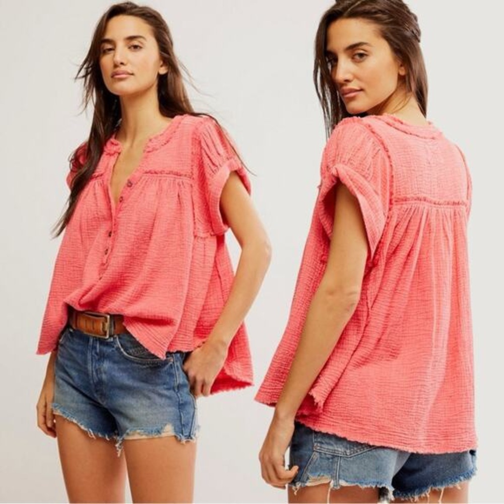 We the Free Horizons Double Cross Cotton Gauze Top Coral Paradise Size Medium